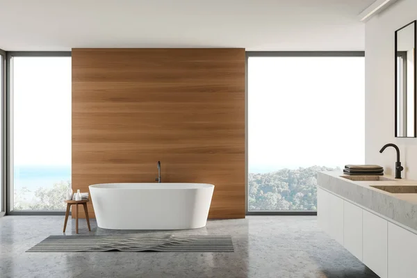 하얗고 나무로 현대식 욕실의 콘크리트 욕조와 싱크대 렌더링 — 스톡 사진