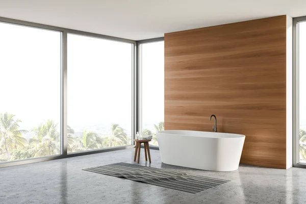 Esquina Elegante Baño Con Paredes Madera Suelo Hormigón Cómoda Bañera — Foto de Stock