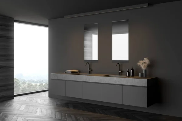 Angolo Del Bagno Moderno Con Pareti Legno Grigio Scuro Pavimento — Foto Stock