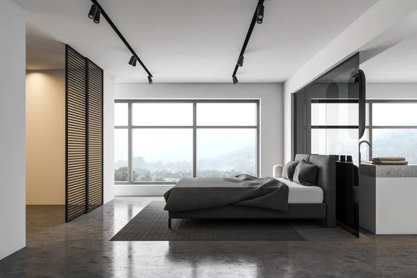 Beyaz Duvarlı Panoramik Ana Yatak Odası Beton Zemin Lambalı Rahat — Stok fotoğraf