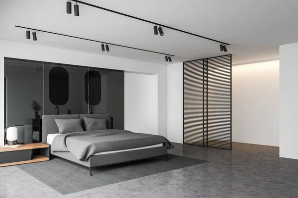 Esquina Elegante Dormitorio Principal Con Paredes Blancas Vidrio Suelo Hormigón —  Fotos de Stock
