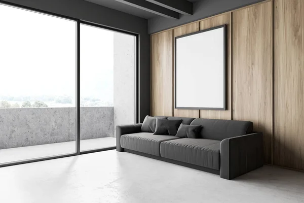 Interiér Prostorného Obývacího Pokoje Šedými Dřevěnými Stěnami Betonovou Podlahou Pohodlnou — Stock fotografie