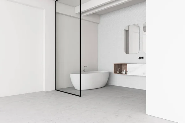 Corner Comfortable Bathroom White Glass Walls Concrete Floor White Bathtub — Stock Photo, Image