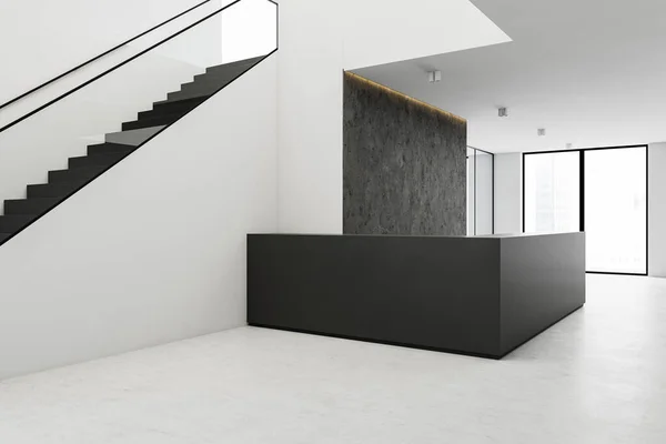 Black minimalistic reception counter in spacious office hall with white walls, concrete floor, windows with blurry cityscape and stairs. 3d rendering