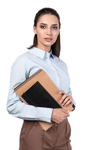 Retrato Isolado Estudante Universitário Grave Mulher Negócios Com Longos Cadernos — Fotografia de Stock