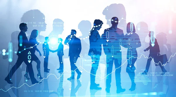 Silhouettes Diverse Business People Blue Background Double Exposure Blurry Financial — Stock Photo, Image