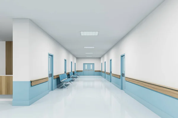 Perspective of empty white and blue hospital corridor interior with ward doors and rows of chairs for patients between them. Concept of coronavirus and healthcare. 3d rendering