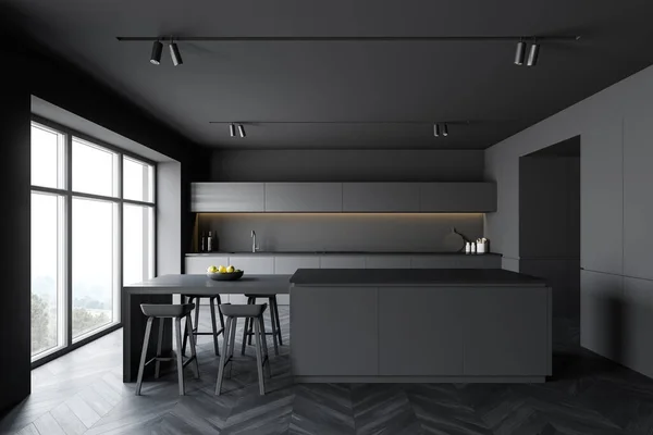 Interior of stylish kitchen with grey walls, dark wooden floor, countertops, wooden cupboards and gray bar with stools. Windows with mountain view. 3d rendering