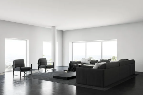 Canto Moderna Sala Estar Com Paredes Brancas Piso Concreto Confortável — Fotografia de Stock
