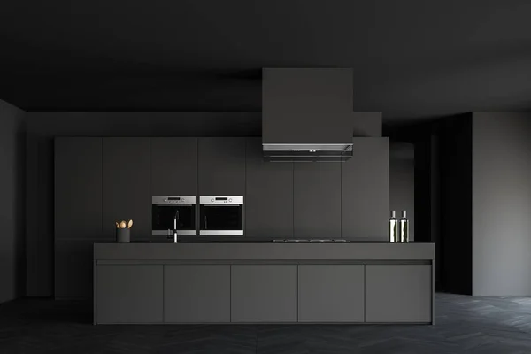 Interior Elegante Cozinha Minimalista Com Paredes Cinzentas Escuras Piso Madeira — Fotografia de Stock