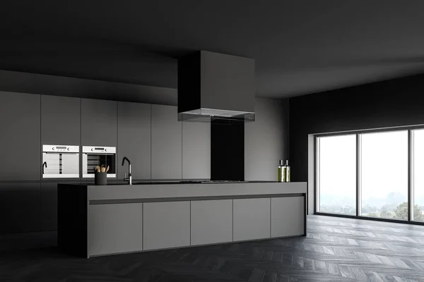 Esquina Elegante Cocina Minimalista Con Paredes Color Gris Oscuro Suelo —  Fotos de Stock