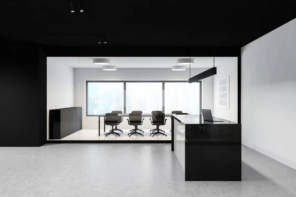 Interior Elegante Sala Oficinas Con Paredes Blancas Negras Suelo Hormigón —  Fotos de Stock