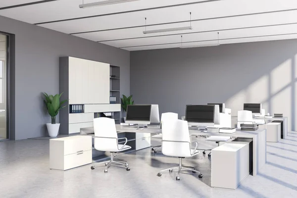 Corner Stylish Open Space Office Grey Walls Concrete Floor Row — Stock Photo, Image