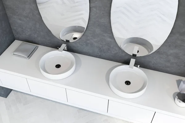 Top View White Double Sink Standing Countops Oval Mirrors Modern — стоковое фото