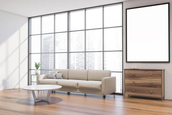 Corner Panoramic Living Room White Walls Wooden Floor Comfortable White — Stock Photo, Image