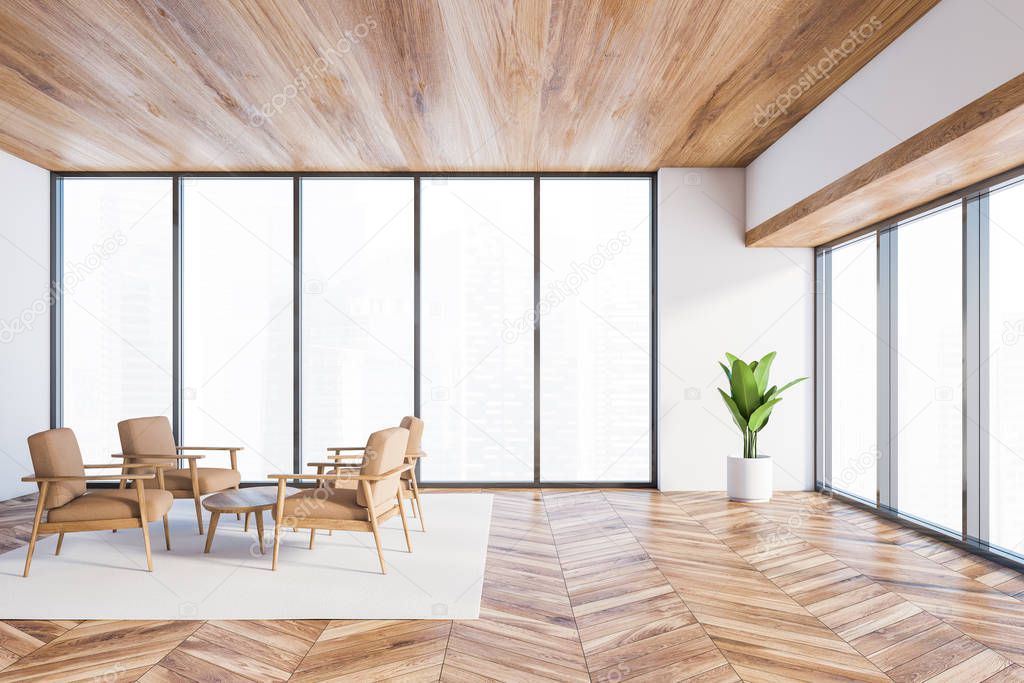 Interior of panoramic office lounge with white walls, wooden floor and ceiling, comfortable beige armchairs standing near coffee table and windows with blurry view. 3d rendering