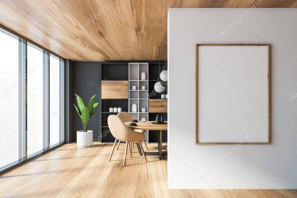 Interior of panoramic dining room with gray walls, wooden floor and ceiling, round table with beige chairs and cupboard. Window with blurry cityscape and vertical mock up poster. 3d rendering