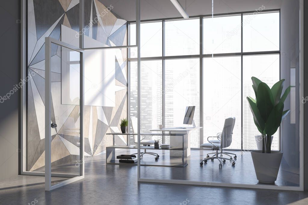 Corner of stylish boss office with grey and geometric pattern walls, concrete floor and big computer table with visitors chairs. 3d rendering