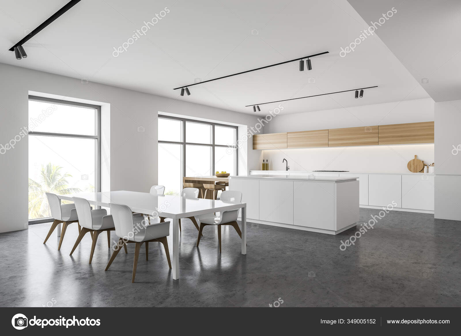 Corner Modern Kitchen White Walls Concrete Floor Countertops Bar