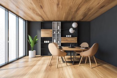 Gri duvarlı panoramik yemek odasının içi, ahşap zemin ve tavan, bej sandalyeli yuvarlak masa ve dolap. Bulanık şehir manzaralı bir pencere. 3d oluşturma