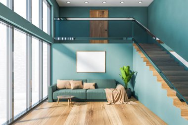 Panoramik oturma odasının içinde mavi duvarlar, ahşap zemin, yatay posterli ve merdivenli mavi kanepe. Bulanık şehir manzaralı bir pencere. 3d oluşturma