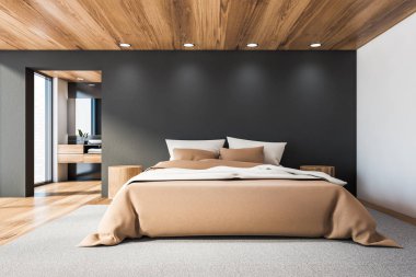 Gri ve beyaz duvarları, ahşap zemini ve tavanı olan modern yatak odasının içi, arka planında lavabo ve ayna olan bej renkli kral yatak ve banyosu. 3d oluşturma