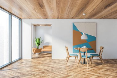 Beyaz duvarları, ahşap zemini, mavi sandalyeli yuvarlak masası, soyut resmi ve arka planda bej koltuğu olan oturma odası. 3d oluşturma