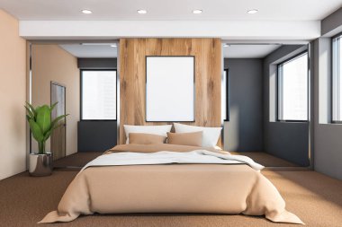 Gri ve bej duvarlı, halı döşeli, bej battaniyeli ve iki büyük aynalı modern yatak odasının içi. Dikey model poster çerçevesi. 3d oluşturma