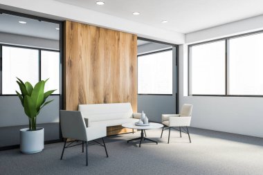 Beyaz ve ahşap duvarları, halılı zemini ve yuvarlak kahve masasının yanında duran beyaz koltuğu olan şık bir bekleme odasında rahat bir bekleme odası. Bulanık şehir manzaralı bir pencere. 3d oluşturma