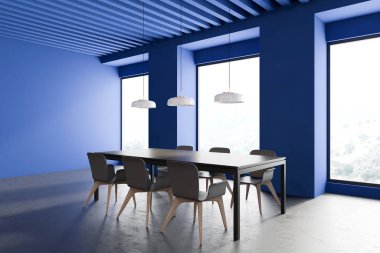 Minimalist yemek odasının köşesinde parlak mavi duvarlar, beton zemin, üzerinde sandalyeler ve üç lamba olan gri masa. Bulanık dağ manzaralı pencereler. 3d oluşturma