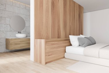 Lüks İskandinav yatak odasının içinde beyaz ve ahşap duvarlar, rahat kral yatak ve banyosu taştan duvarlar ve arka planda yuvarlak lavabo. 3d oluşturma