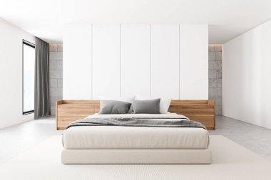 Beyaz duvarları, beton zemini, rahat kral yatağı ve ahşap komodinli İskandinav tarzı yatak odası. Bulanık şehir manzaralı bir pencere. 3d oluşturma