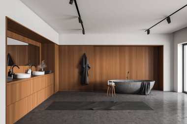 Geniş banyonun içi ahşap ve beyaz duvarlar, beton zemin, rahat taş küvet ve büyük yatay aynalı çift lavabo. 3d oluşturma