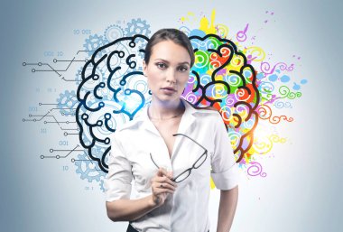 Üzerinde renkli, yaratıcı ve analitik beyin çizimi olan gri duvarın yanında duran kendine güvenen genç iş kadını.