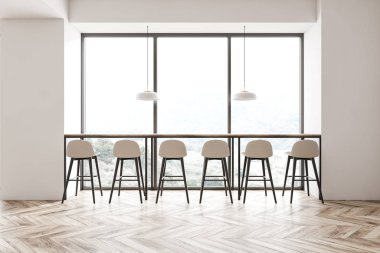 Beyaz duvarları, ahşap zemini, pencerenin yanında bulanık manzaralı beyaz tabureli uzun tahta bar masası olan şık bir barın içi. 3d oluşturma
