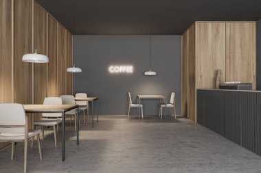 Gri ve ahşap duvarları, beton zemini, kare ahşap masaları ve parlayan neon tabelaları olan şık bir kafenin içi. 3d oluşturma