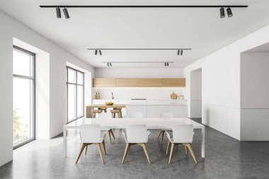 Beyaz duvarlı modern mutfak, beton zemin, tezgah, tabureli bar ve sandalyeli beyaz yemek masası. 3d oluşturma