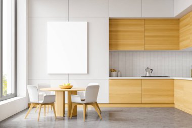 Beyaz kiremit duvarları, beton zemin, ahşap tezgah ve dolaplar, beyaz sandalyeli yuvarlak yemek masası ve dikey maket posterli şık bir mutfak. 3d oluşturma