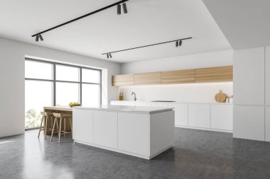 Beyaz duvarları, beton zemini, tezgahları, ahşap dolapları ve tabureli barları olan şık bir mutfak köşesi. Tropik manzaralı pencereler. 3d oluşturma