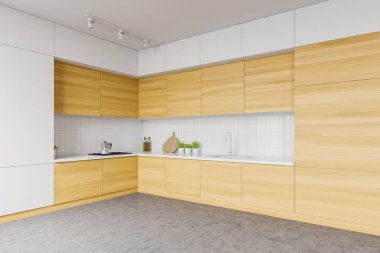Beyaz fayanslı duvarları, beton zemini, ahşap dolapları ve teçhizatlı tezgahları olan minimalist ferah mutfağın köşesi. 3d oluşturma