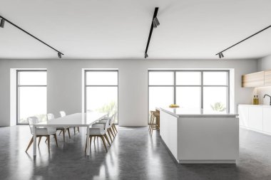 Beyaz duvarları, beton zemini, tezgahı, tabureli barı ve sandalyeli beyaz yemek masası olan modern mutfağın yan görüntüsü. 3d oluşturma