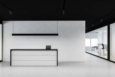 Beyaz ve siyah duvarları, beton zemini, modern resepsiyon masası ve arka planda açık alanı olan şık bir ofis salonu. 3d oluşturma