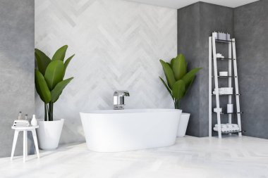 Geniş banyonun köşesinde beyaz ahşap duvarlar ve beton duvarlar, büyük saksı bitkileri olan rahat bir küvet ve havluları ve güzellik ürünleri olan raflar. Spa konsepti. 3d oluşturma