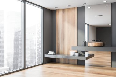 Gri ve ahşap duvarları olan geniş panoramik banyonun köşesi, yuvarlak lavabo büyük ayna ve pencereli ve bulanık şehir manzaralı gri rafta duruyor. 3d oluşturma