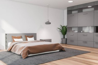 Beyaz duvarları, ahşap zemini, halıda duran rahat kral yatağı ve duvarın yanındaki gri kitaplığın köşesi. 3d oluşturma