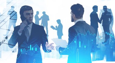 Soyut şehirde birlikte çalışan tüccarlardan oluşan bir ekip bulanık dijital grafiğe iki kez maruz kalıyor. Takım çalışması ve borsa kavramı. Tonu ayarlanmış resim