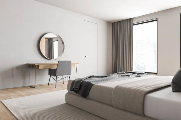 Esquina Dormitorio Moderno Con Paredes Blancas Suelo Madera Cómoda Cama — Foto de Stock