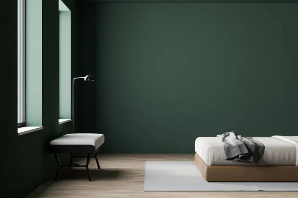 Interior Quarto Principal Minimalista Com Paredes Verdes Piso Madeira Cama — Fotografia de Stock