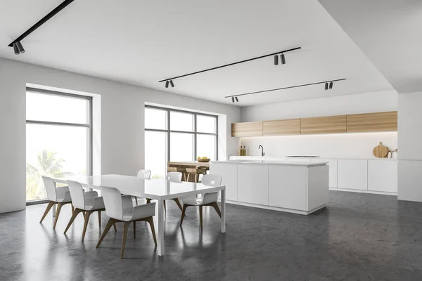 Canto Cozinha Moderna Com Paredes Brancas Piso Concreto Bancadas Bar — Fotografia de Stock