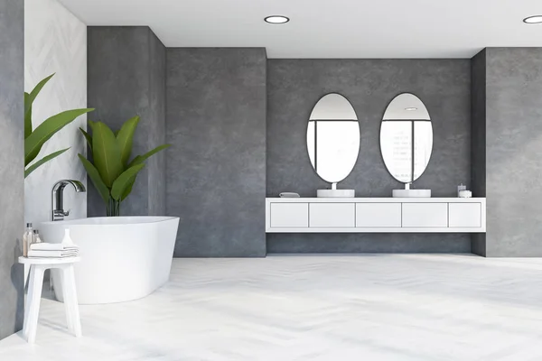 Interiér Prostorné Luxusní Koupelny Bílými Dřevěnými Betonovými Stěnami Bílou Dřevěnou — Stock fotografie